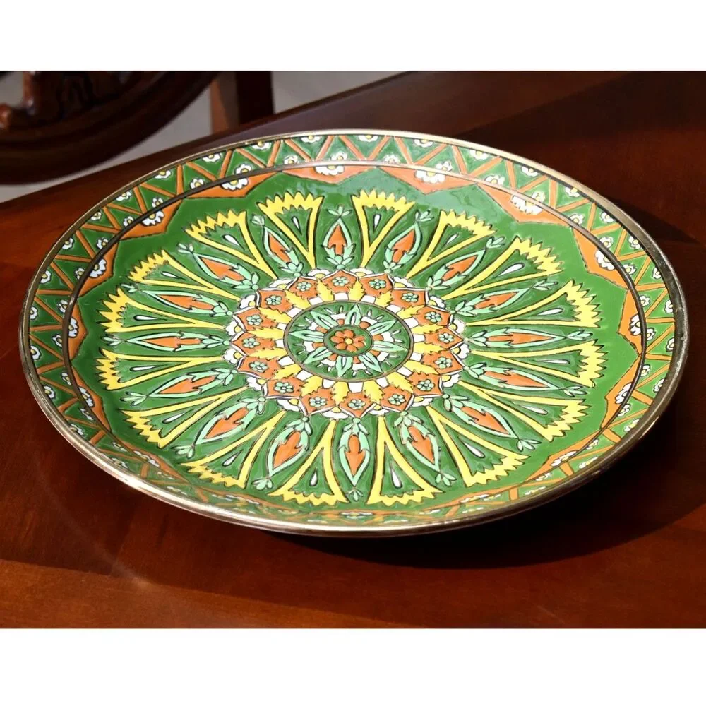 Vintage Greek Wall Plate - Green Yellow Orange Embossed Enamel - Lindos Keramik